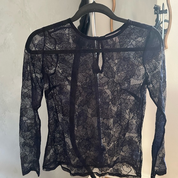 Navy Blue Sheer Shirt with Gingko Leaf Lace - Picture 4 of 4